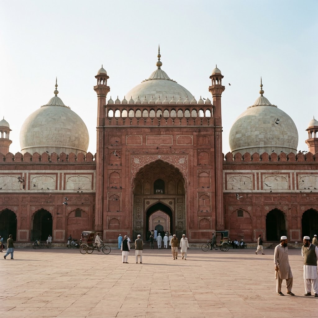 The red sandstone facade and white marble domes of Badshahi Mosque
