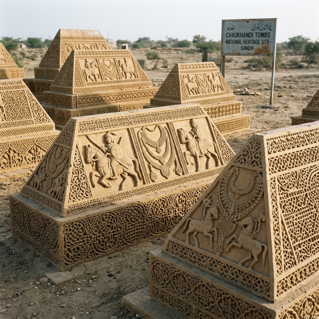 Intricately carved yellow sandstone graves at the Chaukhandi necropolis