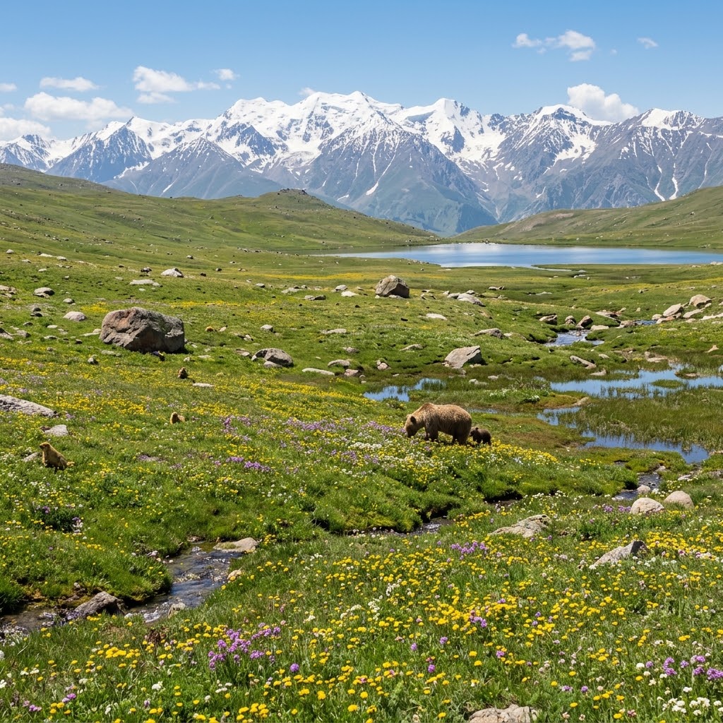 Wildflowers blooming around Sheosar Lake on the rolling green plains of Deosai
