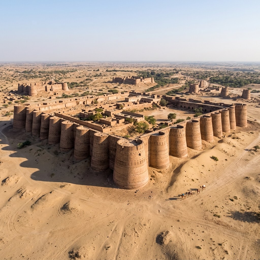 The massive brick bastions of Derawar Fort rising from the Cholistan desert