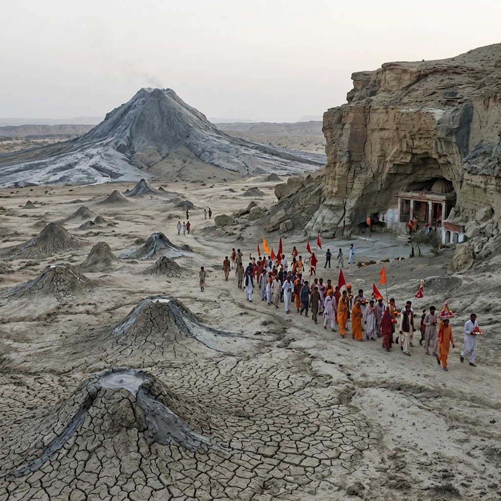 The active gray clay cone of Chandragup mud volcano in Hingol National Park