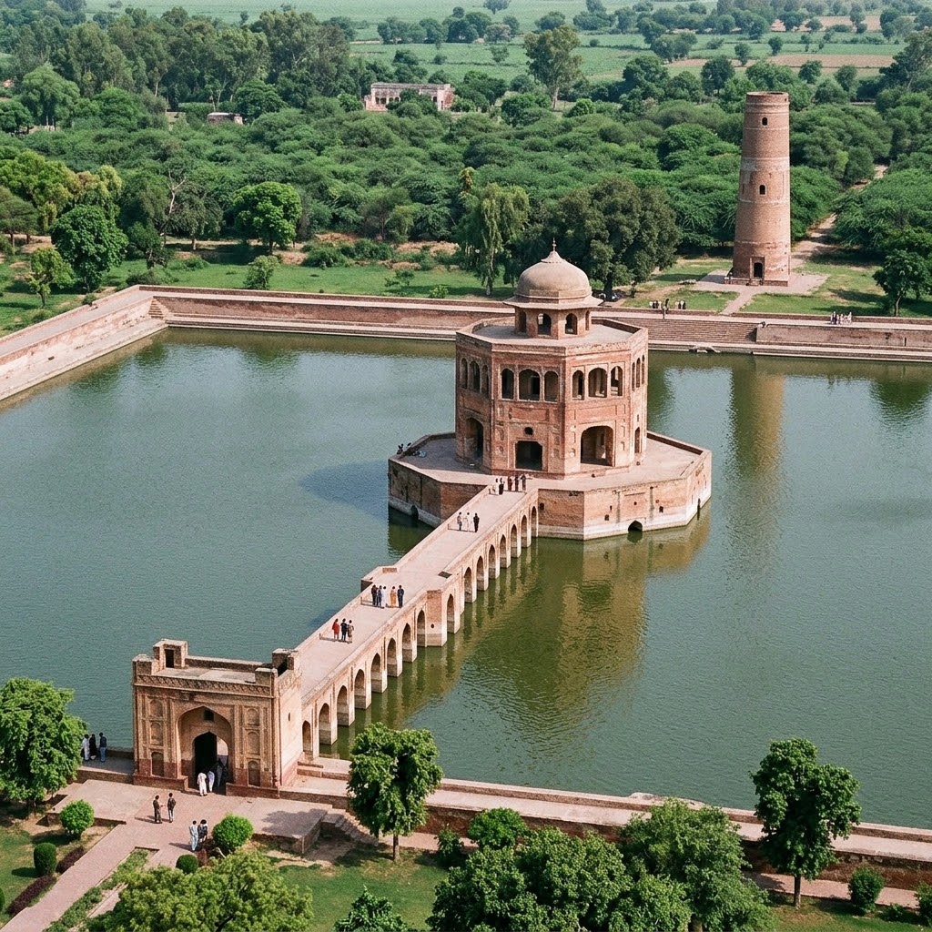 The octagonal pavilion and causeway of Hiran Minar inside a brick-lined tank