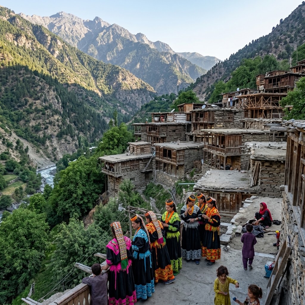Multi-story pine log and stone houses stacked up the Kalash Valley mountain slope