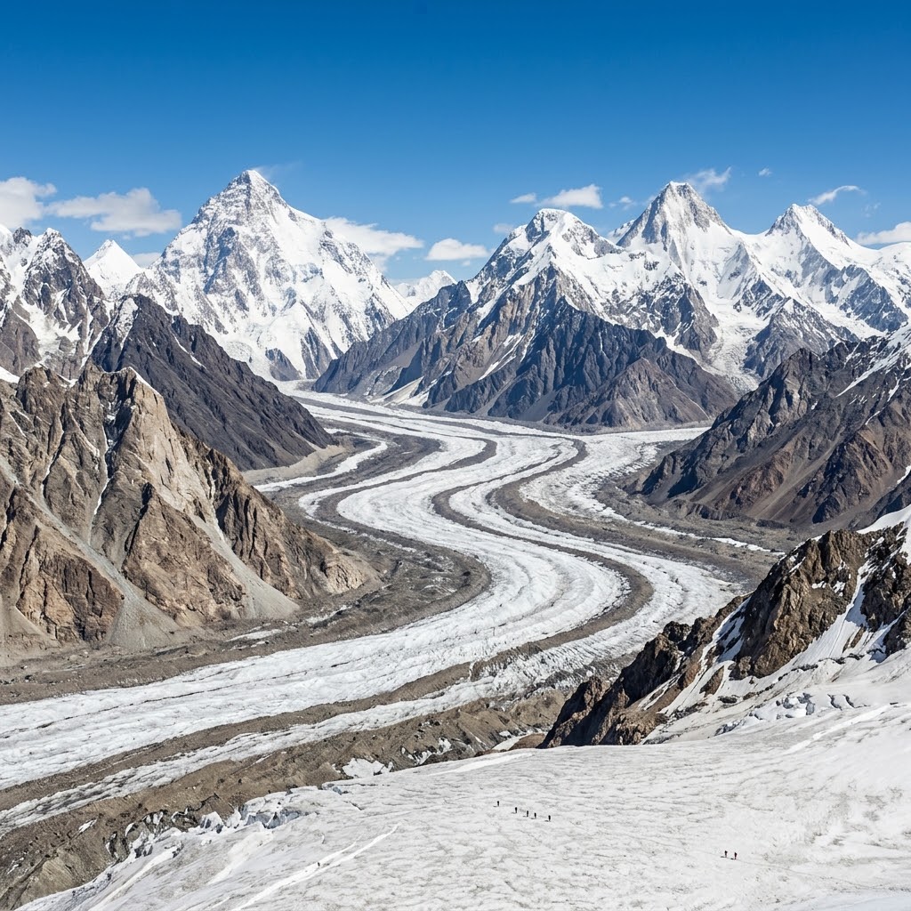 The massive, jagged snow-capped granite peak of K2 towering over Baltoro Glacier