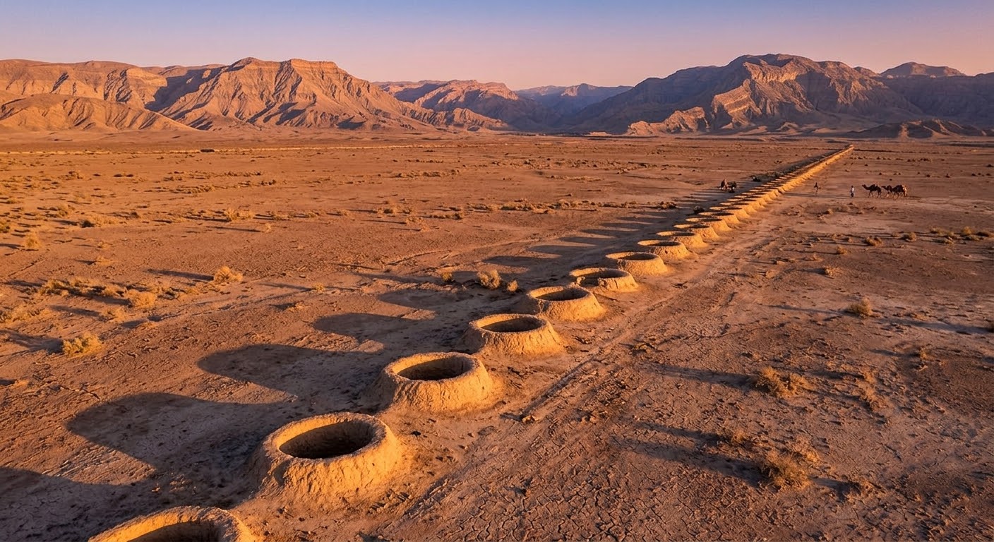 Water flowing from a stone-lined Karez subterranean aqueduct into a green orchard