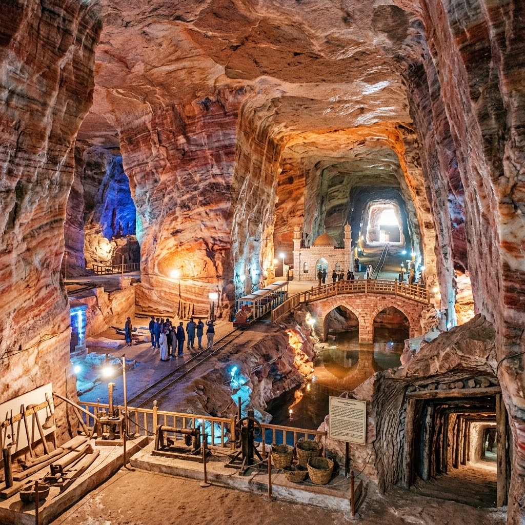 A hand-carved chamber of pink rock salt inside the Khewra Salt Mine