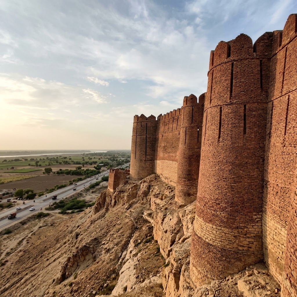 The massive brick-built ramparts of Kot Diji Fort snaking over a limestone hill