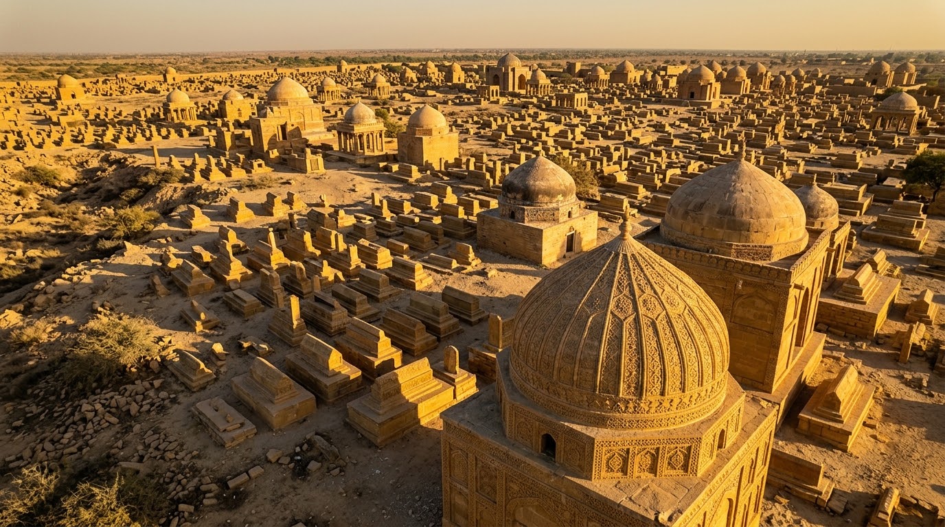 Detail panel of sandstone carvings showing intricate star-lattices at Makli Necropolis