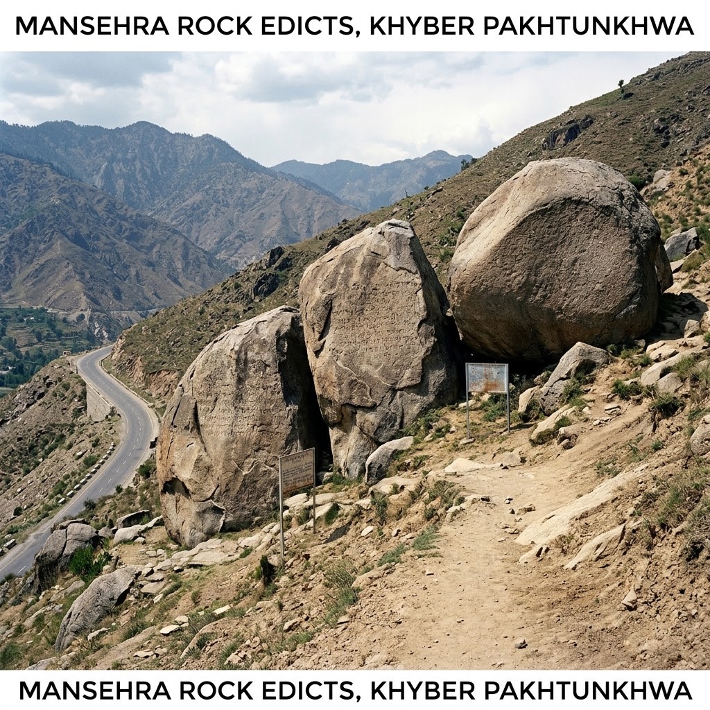 Three protected granite boulders containing Ashoka's Kharosthi rock inscriptions