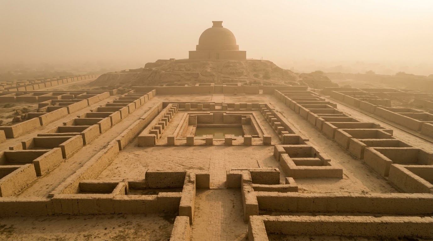 The Great Bath and brick citadels of Moenjodaro under a bright sky