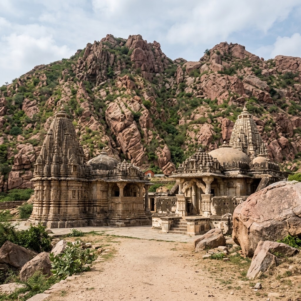 The white domes and marble columns of Gori Jain Temple against pink granite hills