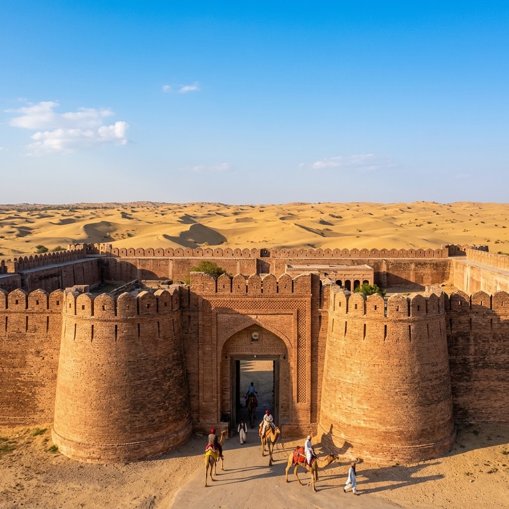 The baked-brick arched entrance gate of Naukot Fort framed by bastions