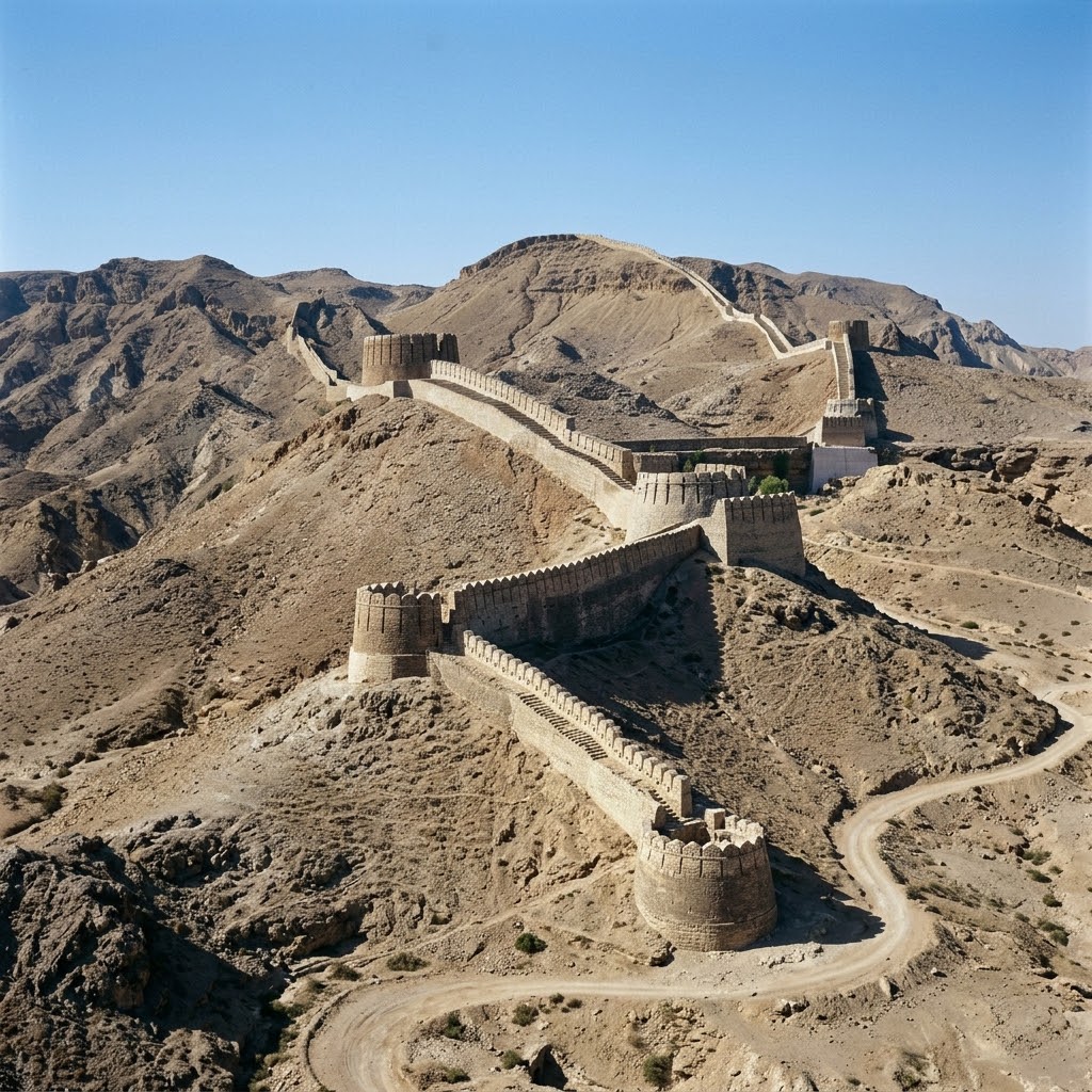The snaking limestone fortifications and ramparts of Rani Kot Fort