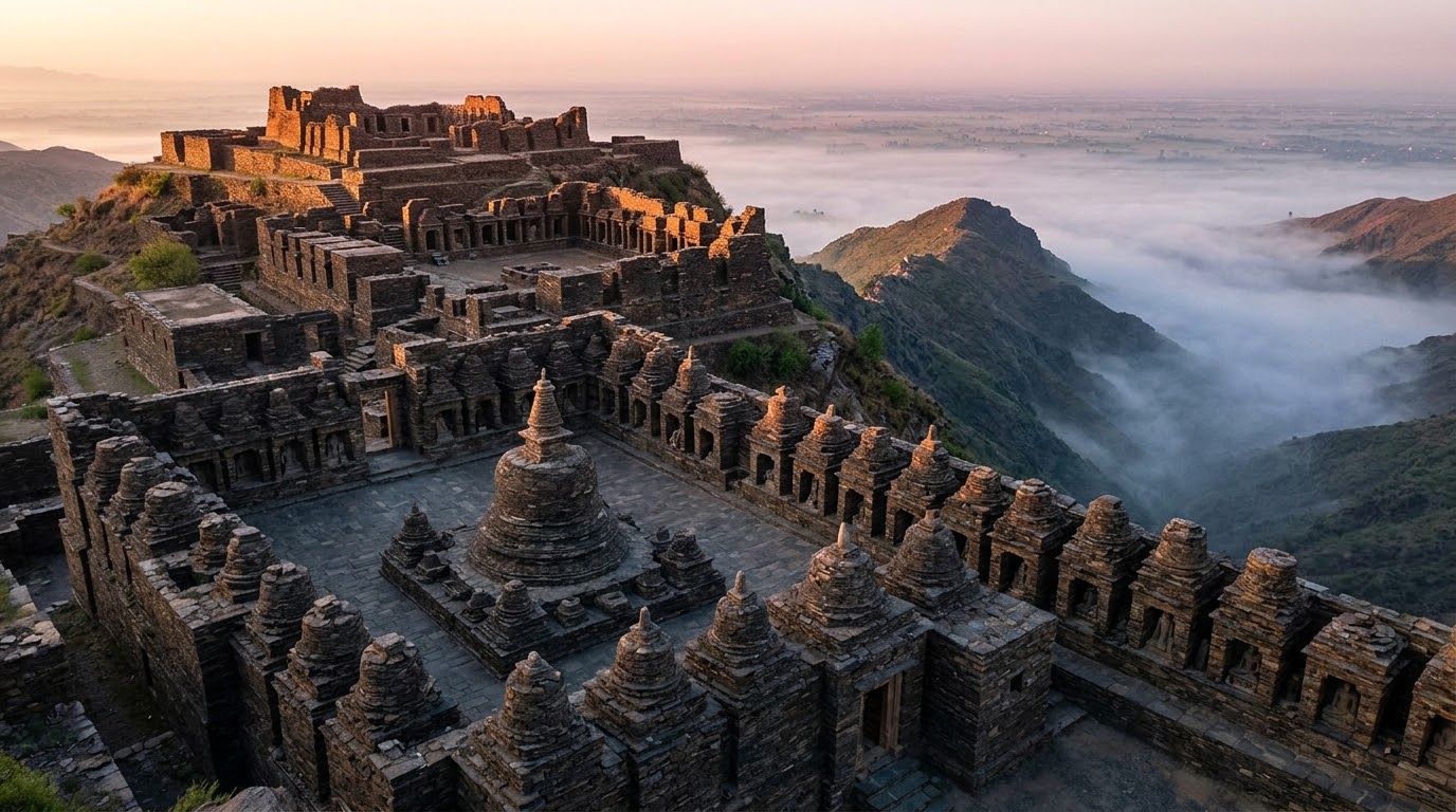 Stone masonry stupas and monastic courts terraced on the hills of Ranigat