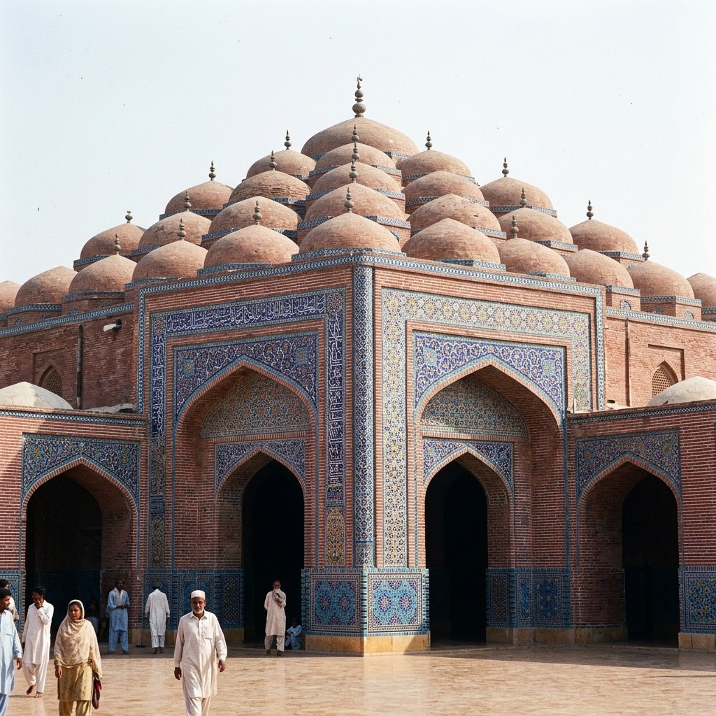 The geometric brick dome and blue mosaic tiles of Shah Jahan Mosque