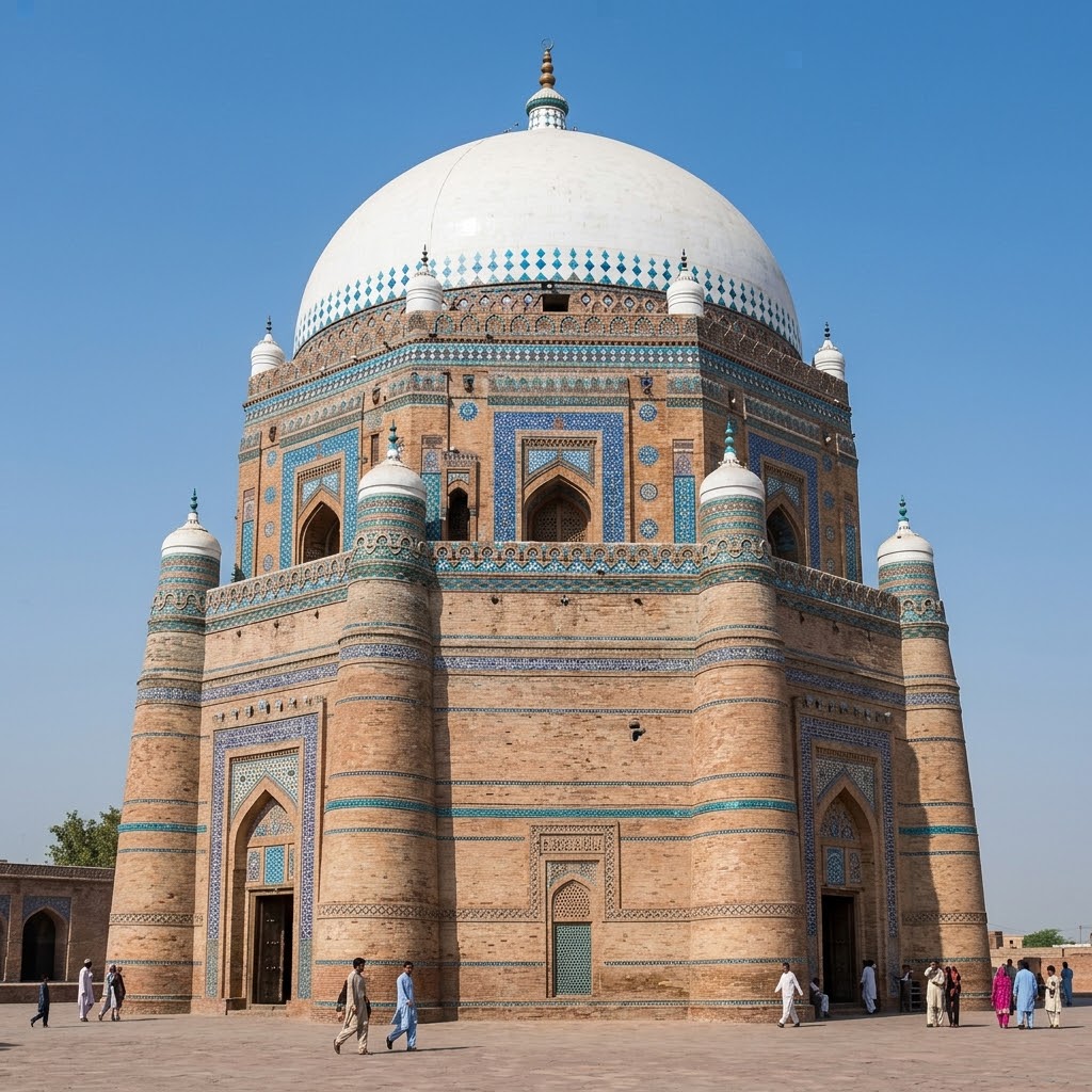 The massive, sloping octagonal brick tomb of Shah Rukn-e-Alam