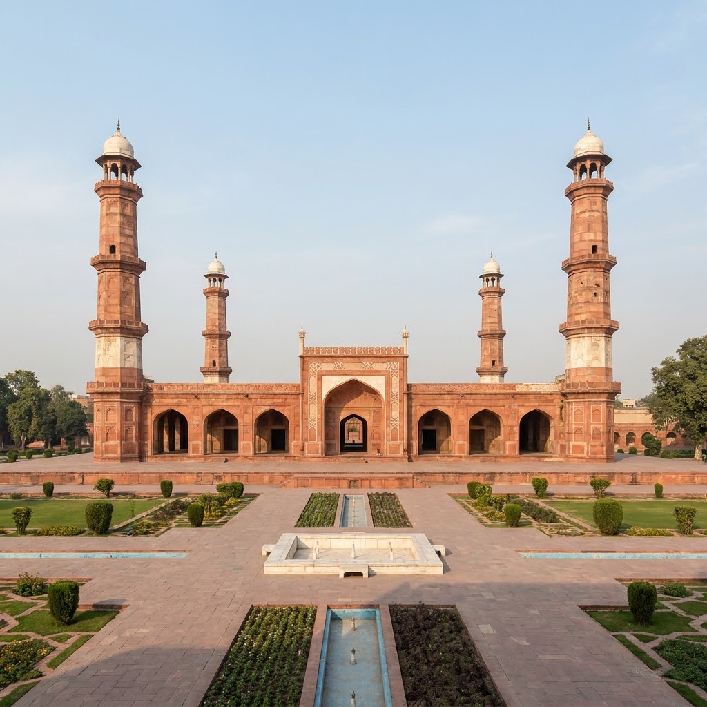 The single-story red sandstone tomb of Emperor Jahangir inside vast gardens
