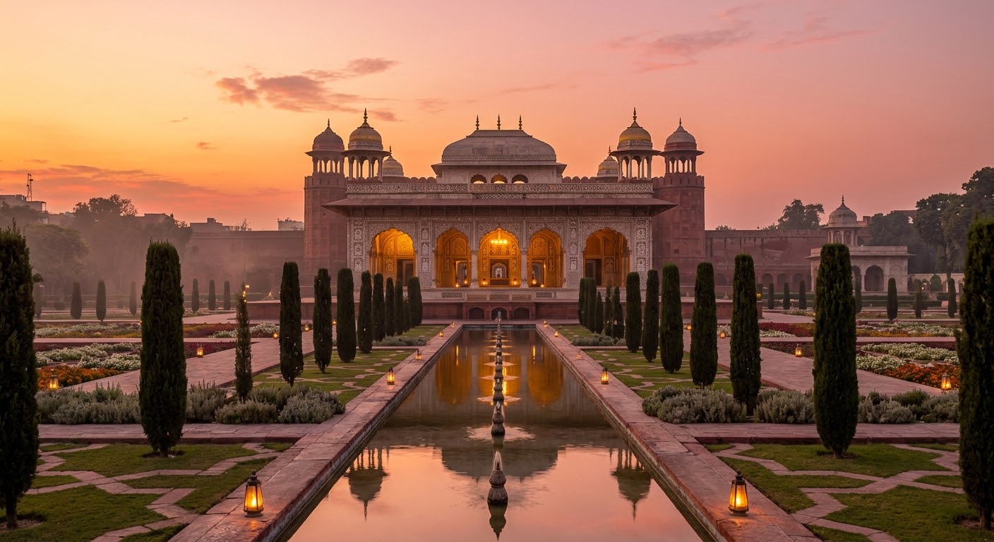 Symmetrical water canal reflecting red sandstone pavilions and Shalimar fountains