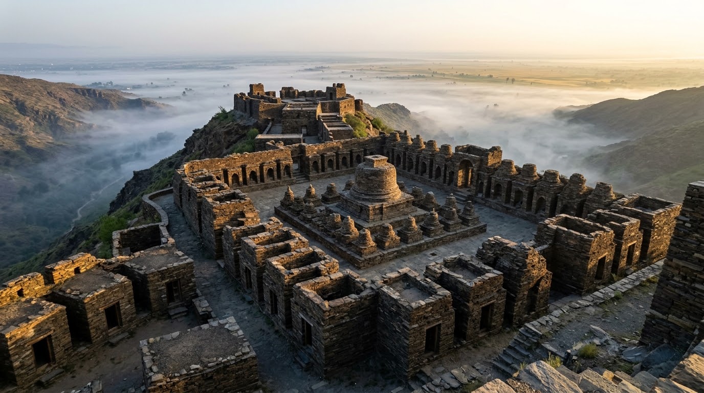 Limestone stupa bases and vaulted monk cells terraced on Takht-i-Bahi ridge
