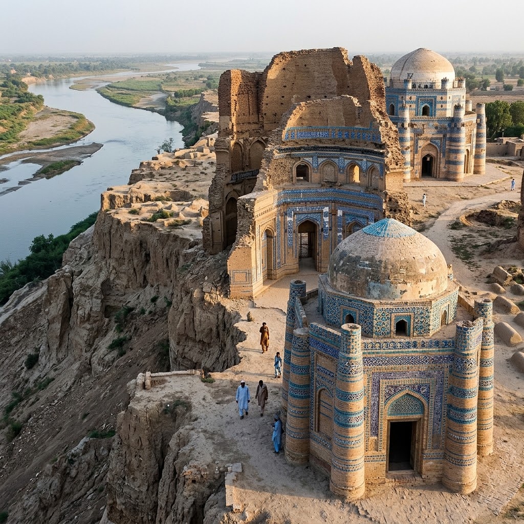 The blue tile patterns on the partially collapsed octagonal tomb of Bibi Jiwandi