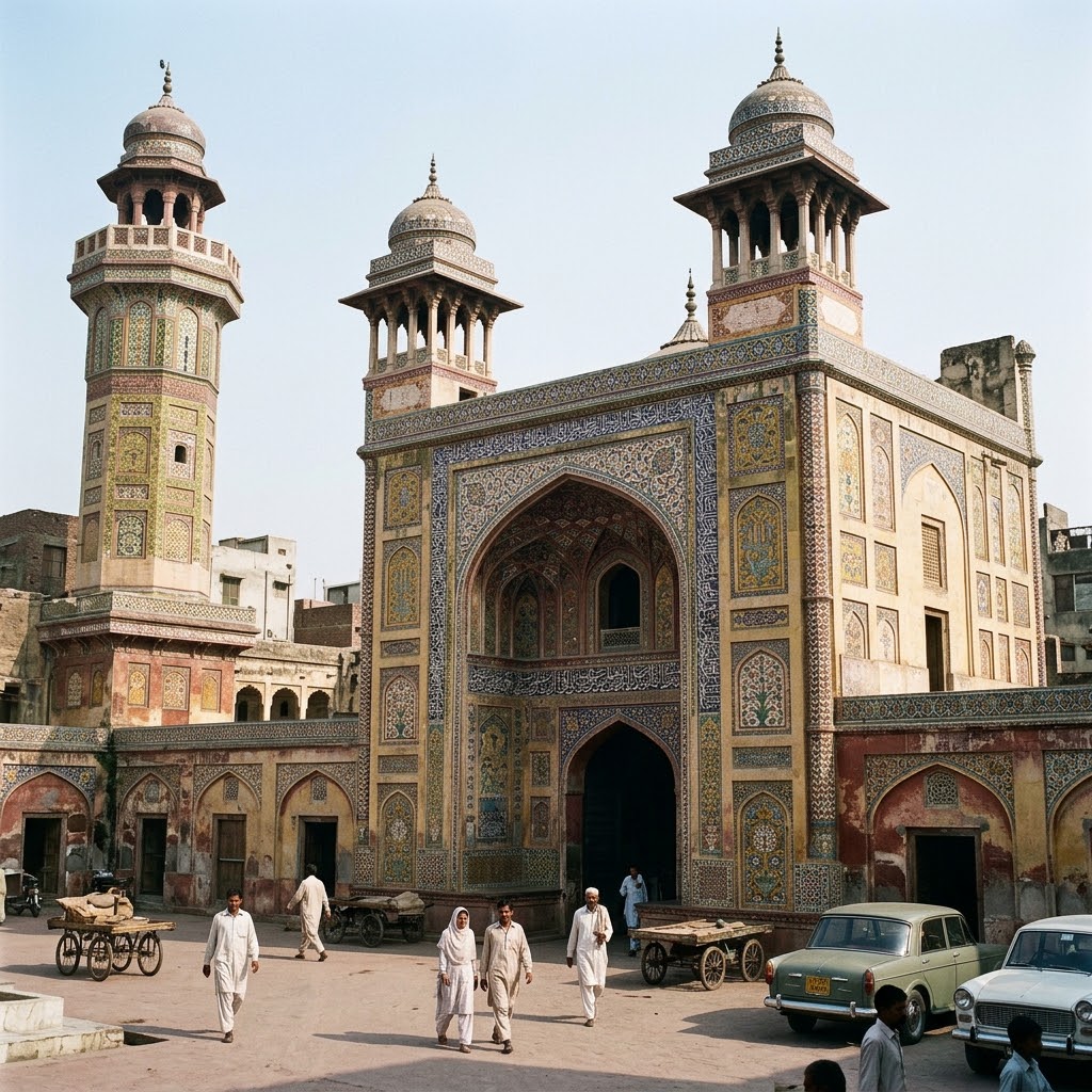The glazed tile mosaic panels of the Wazir Khan Mosque facade