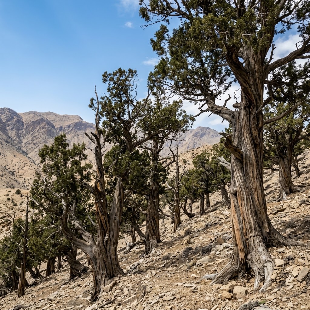 A twisted, silver-gray trunk of an ancient Juniper tree in the Ziarat mountains